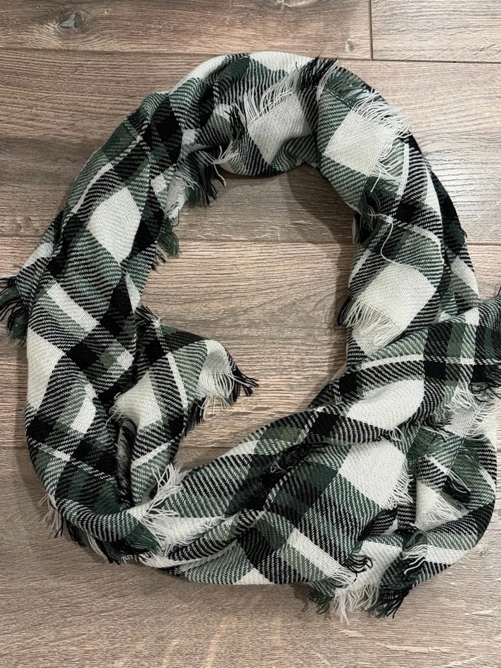 Plaid Fringe Wrap Scarf in Black, White & Green